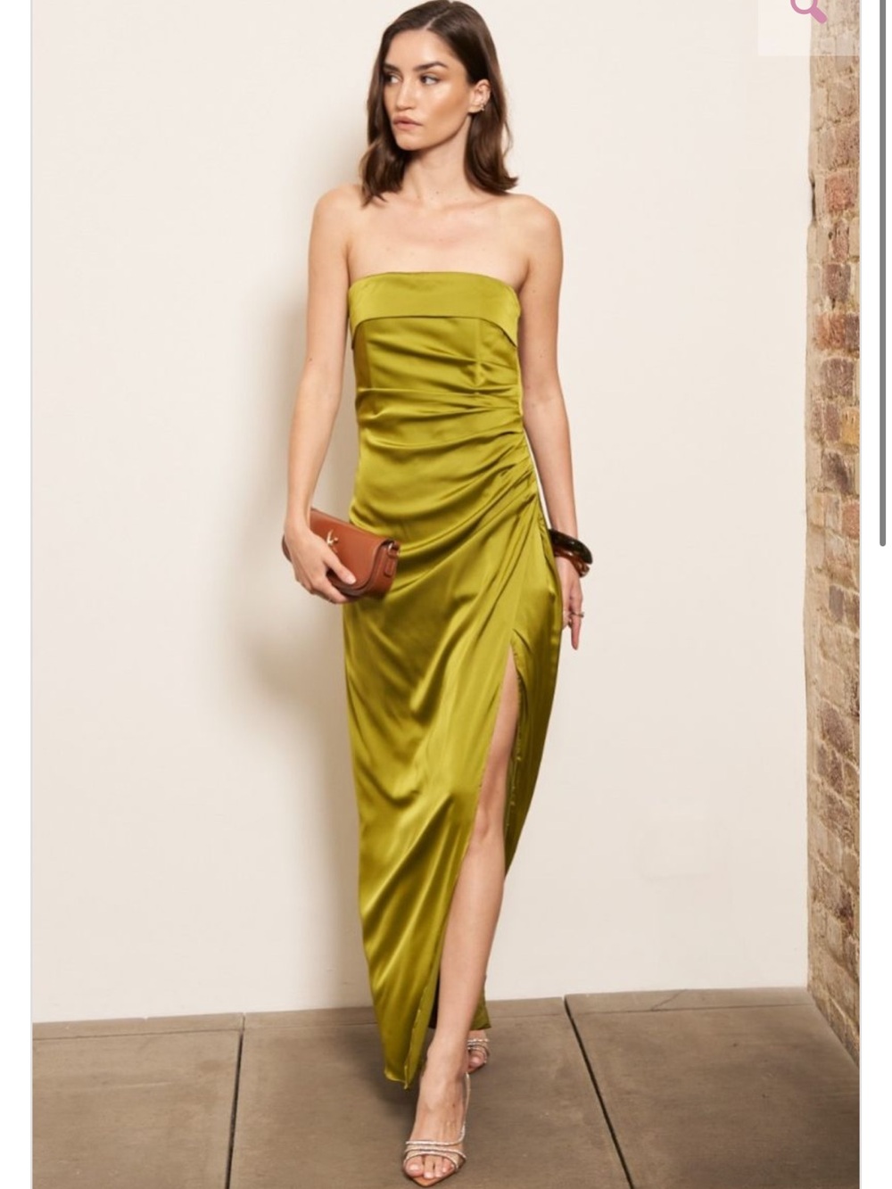 Strapless Olive Satin Ruched Side-Slit Dress